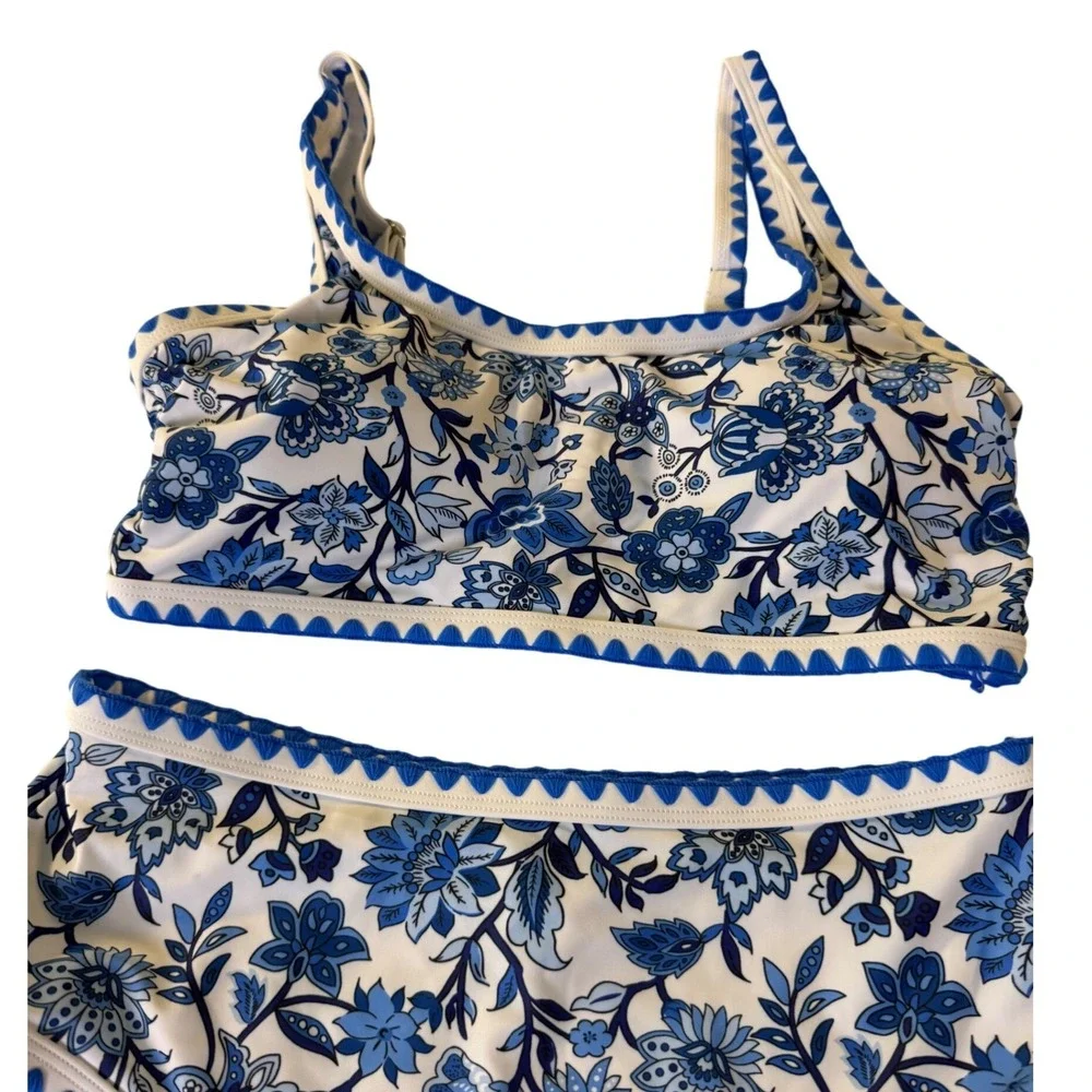 Blue White Floral Chintz Ric Rac High Waisted Bikini Swimsuit Size Smal New